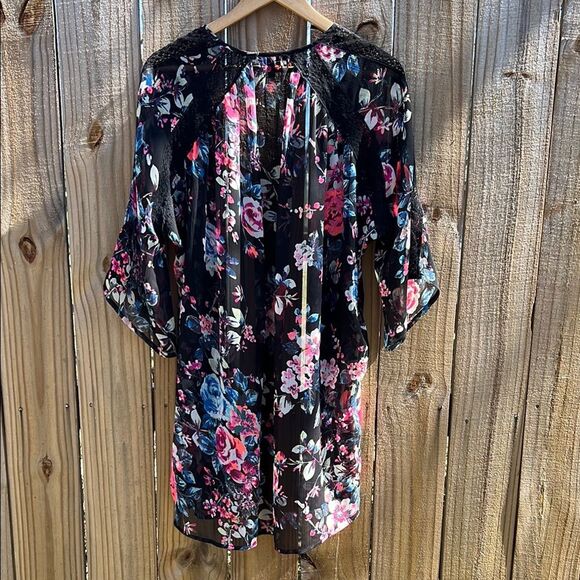 Express Fall Floral Black Pink Sheer Lace Open-Front Kimono Cover Up Shaw Wrap M - Picture 8 of 13